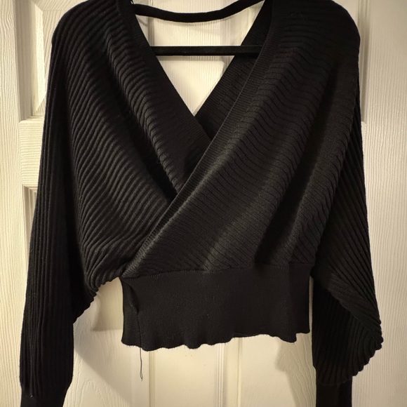 Fashion Nova Warmest Occasion Wrap Sweater - Black Ribbed Faux Wrap - Picture 4 of 6
